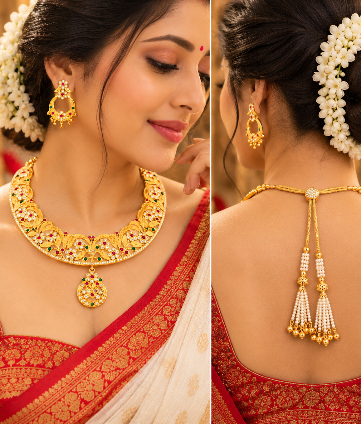 Bengali Gold Tone Hansuli Necklace Set, Multicolor Stone Earrings, Bridal Gift