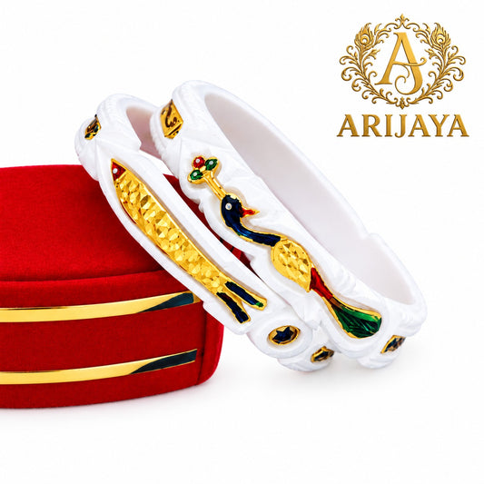 Traditional Bengali Meenakari Shakha Bangle Set, White Gold Peacock Motif (ARIJAYA)