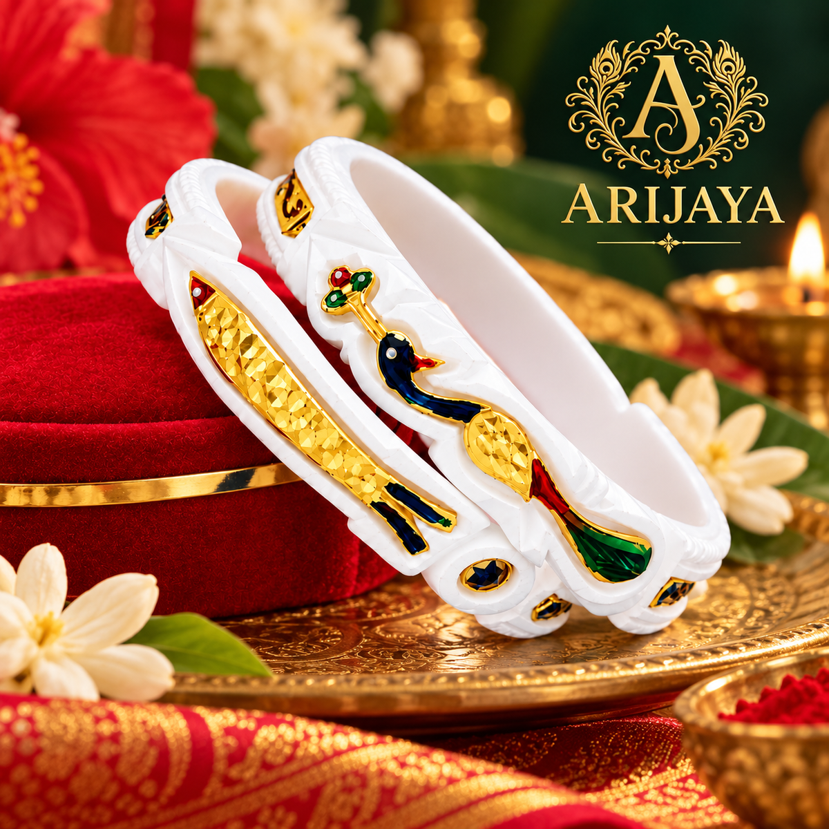 Traditional Bengali Meenakari Shakha Bangle Set, White Gold Peacock Motif (ARIJAYA)
