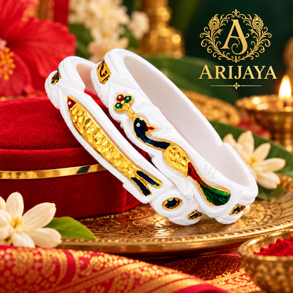 Traditional Bengali Meenakari Shakha Bangle Set, White Gold Peacock Motif (ARIJAYA)