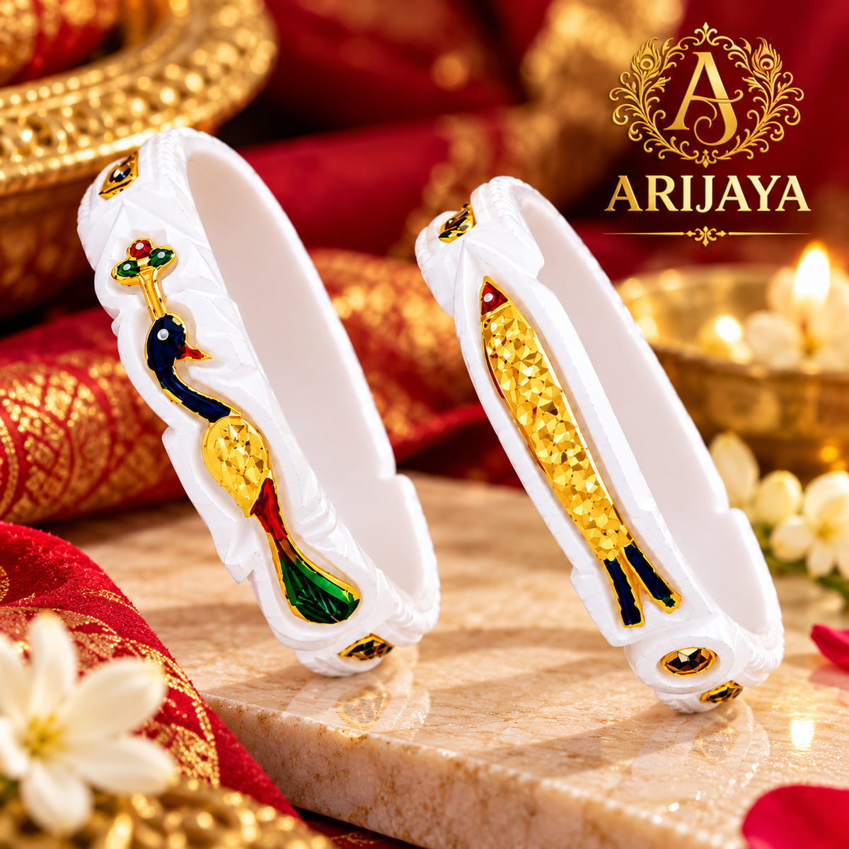Traditional Bengali Meenakari Shakha Bangle Set, White Gold Peacock Motif (ARIJAYA)