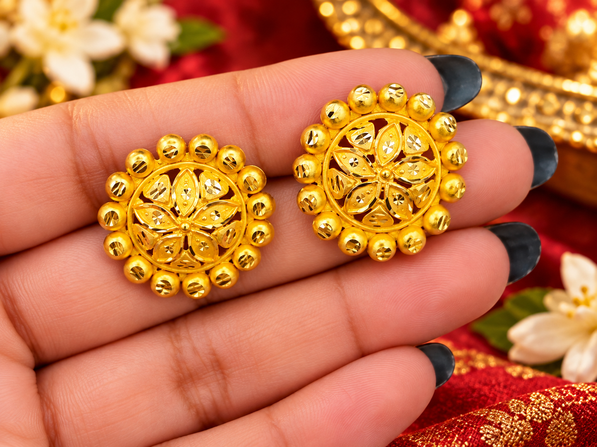 Traditional Bengali Floral Earrings, 18K Microgold Plated, ARIJAYA Padmakali Kaan Pasha