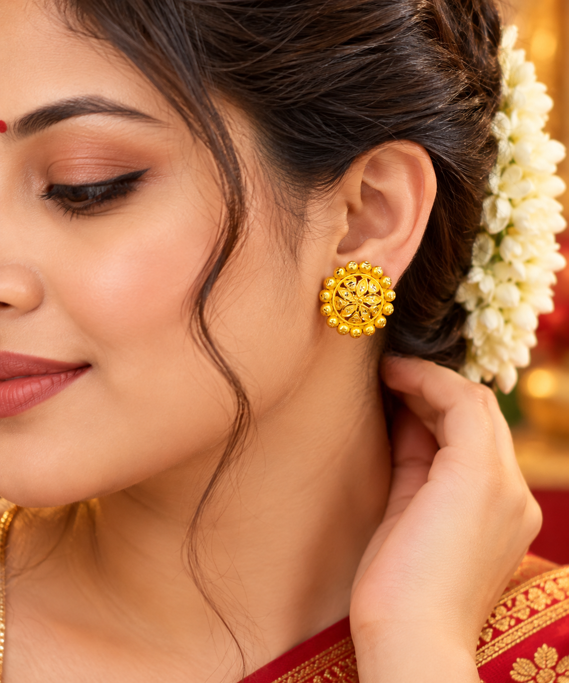 Traditional Bengali Floral Earrings, 18K Microgold Plated, ARIJAYA Padmakali Kaan Pasha