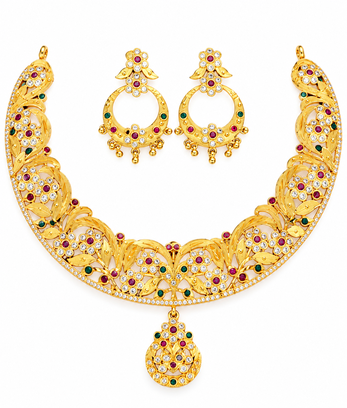 Bengali Gold Tone Hansuli Necklace Set, Multicolor Stone Earrings, Bridal Gift