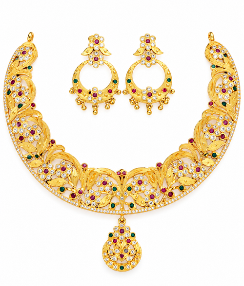Bengali Gold Tone Hansuli Necklace Set, Multicolor Stone Earrings, Bridal Gift