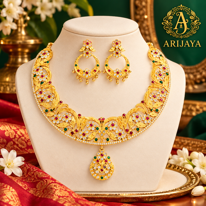 Bengali Gold Tone Hansuli Necklace Set, Multicolor Stone Earrings, Bridal Gift