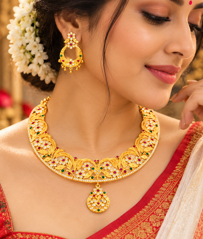 Bengali Gold Tone Hansuli Necklace Set, Multicolor Stone Earrings, Bridal Gift