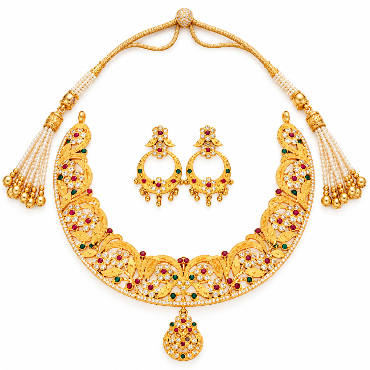 Bengali Gold Tone Hansuli Necklace Set, Multicolor Stone Earrings, Bridal Gift
