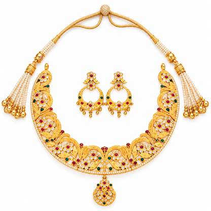 Bengali Gold Tone Hansuli Necklace Set, Multicolor Stone Earrings, Bridal Gift