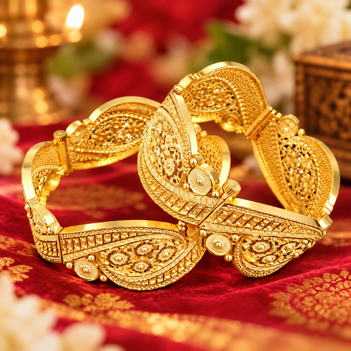 Rajlaxmi Nokshi Chura Set, 18K Gold Plated Bengali Bangles, Floral Filigree Design