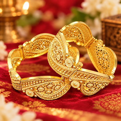 Rajlaxmi Nokshi Chura Set, 18K Gold Plated Bengali Bangles, Floral Filigree Design