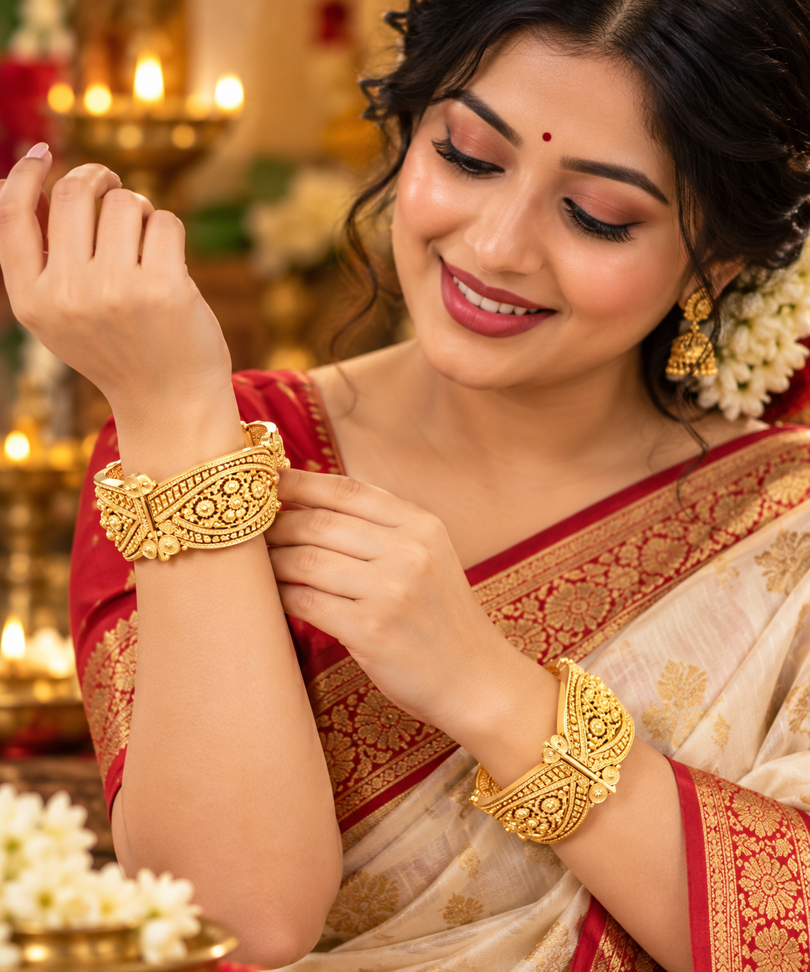 Rajlaxmi Nokshi Chura Set, 18K Gold Plated Bengali Bangles, Floral Filigree Design