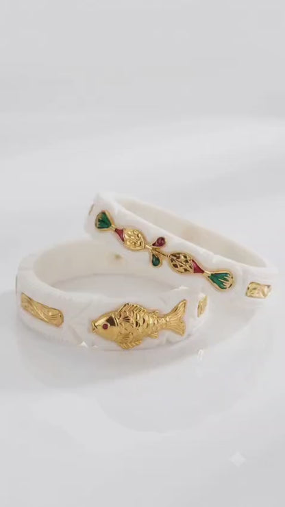 Traditional Bengali Meenakari Shakha Bangle Set, White Gold Peacock Motif (ARIJAYA)