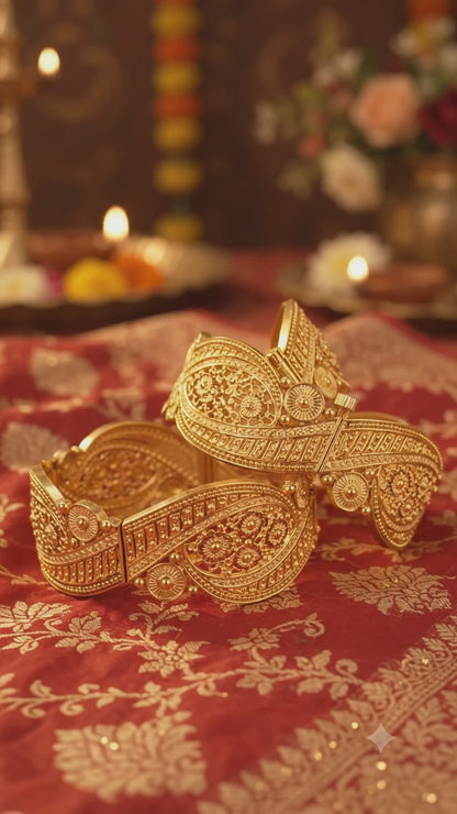 Rajlaxmi Nokshi Chura Set, 18K Gold Plated Bengali Bangles, Floral Filigree Design
